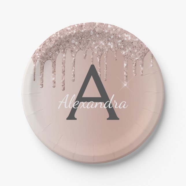 Pink Rose Gold Glitter & Sparkle Monogram Birthday Paper Plates (Front)