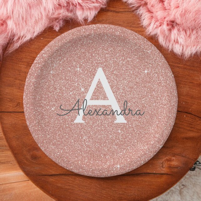 Pink Rose Gold Glitter & Sparkle Monogram Birthday Paper Plates (Creator Uploaded)