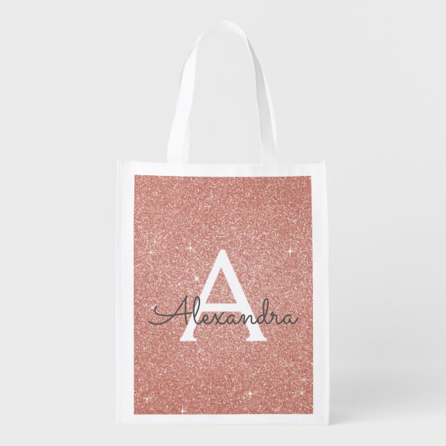 Pink Rose Gold Glitter & Sparkle Monogram Birthday Reusable Grocery Bag (Front)