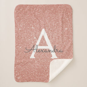 Pink Rose Gold Glitter & Sparkle Monogram Birthday Sherpa Blanket