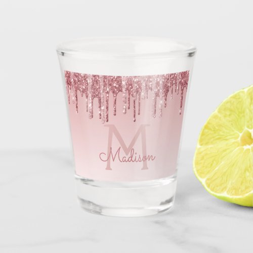 Pink Rose Gold Glitter  Sparkle Monogram Birthday Shot Glass