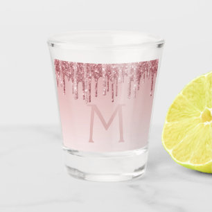 Pink Rose Gold Glitter & Sparkle Monogram Birthday Shot Glass