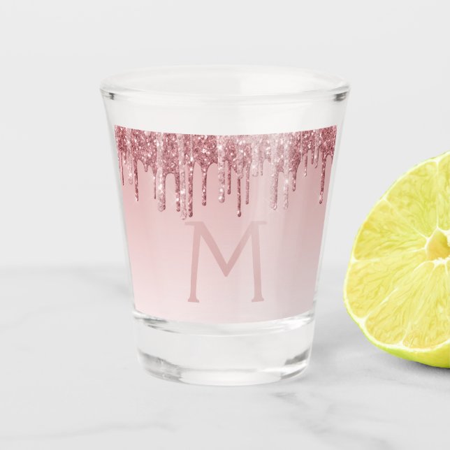 Pink Rose Gold Glitter & Sparkle Monogram Birthday Shot Glass (Front)