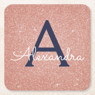 Pink Rose Gold Glitter & Sparkle Monogram Birthday Square Paper Coaster