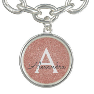 Pink Rose Gold Glitter & Sparkle Monogram Bracelet