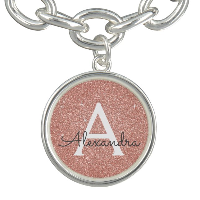 Pink Rose Gold Glitter & Sparkle Monogram Bracelet (Design)