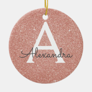 Pink Rose Gold Glitter & Sparkle Monogram Ceramic Ornament