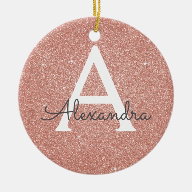 Pink Rose Gold Glitter & Sparkle Monogram Ceramic Ornament (Front)