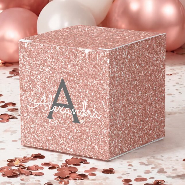 Pink Rose Gold Glitter & Sparkle Monogram Favor Boxes (Creator Uploaded)