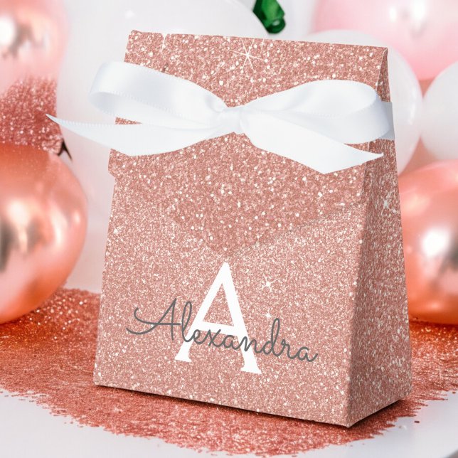 Pink Rose Gold Glitter & Sparkle Monogram Favor Boxes (Creator Uploaded)