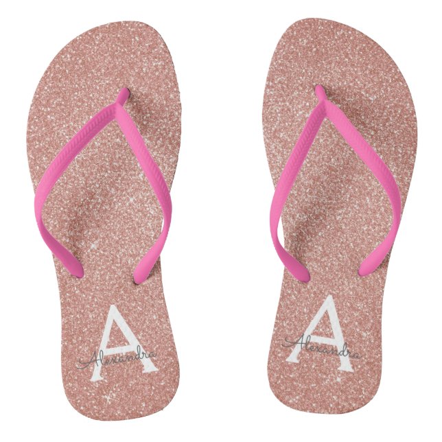 Pink Rose Gold Glitter & Sparkle Monogram Flip Flops (Footbed)