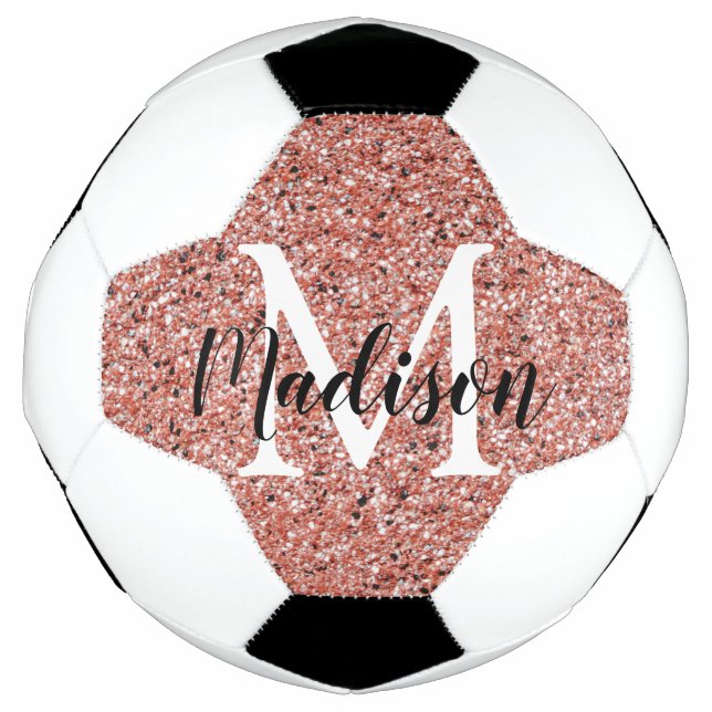 Pink Rose Gold Glitter Sparkle Monogram Girl's Soccer Ball (Front)