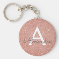 Pink Rose Gold Glitter & Sparkle Monogram Keychain