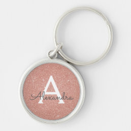 Pink Rose Gold Glitter &amp; Sparkle Monogram Keychain