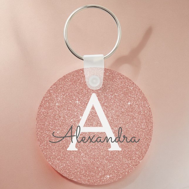 Pink Rose Gold Glitter & Sparkle Monogram Keychain (Creator Uploaded)