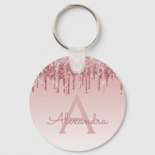 Pink Rose Gold Glitter & Sparkle Monogram Keychain