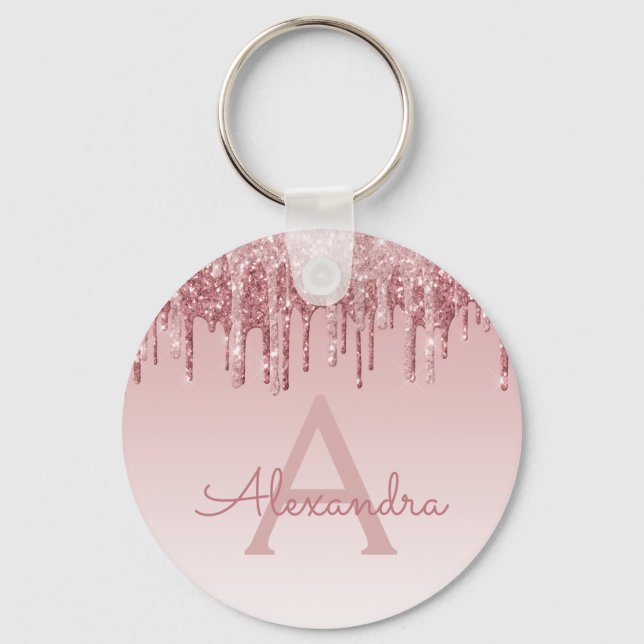Pink Rose Gold Glitter & Sparkle Monogram Keychain (Front)