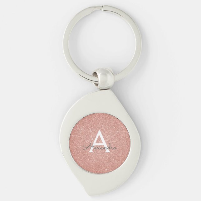 Pink Rose Gold Glitter & Sparkle Monogram Keychain (Front)