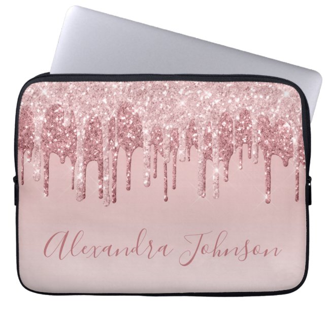 Pink Rose Gold Glitter Sparkle Monogram Laptop Sleeve (Front)