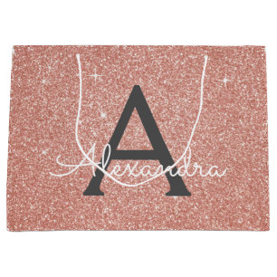 Pink Rose Gold Glitter & Sparkle Monogram Large Gift Bag