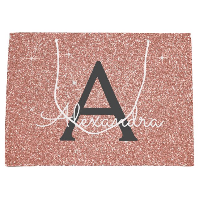 Pink Rose Gold Glitter & Sparkle Monogram Large Gift Bag (Front)