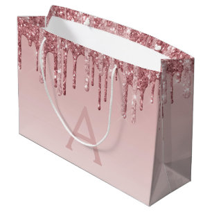 Pink Rose Gold Glitter & Sparkle Monogram Large Gift Bag