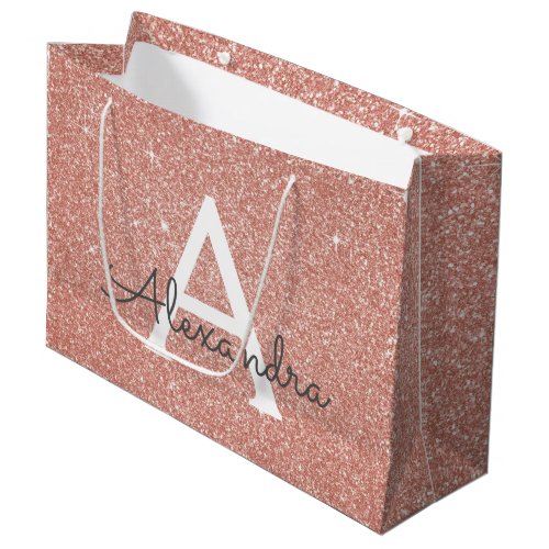 Pink Rose Gold Glitter & Sparkle Monogram Large Gift Bag