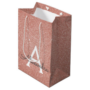 Pink Rose Gold Glitter & Sparkle Monogram Medium Gift Bag