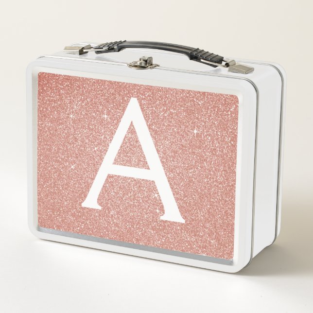 Pink Rose Gold Glitter & Sparkle Monogram Metal Lunch Box (Front)
