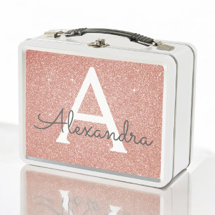 Pink Rose Gold Glitter & Sparkle Monogram Metal Lunch Box