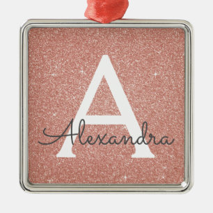 Pink Rose Gold Glitter & Sparkle Monogram Metal Ornament