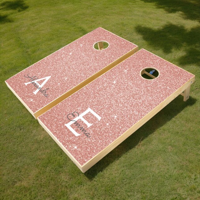 Pink Rose Gold Glitter & Sparkle Monogram Name Cornhole Set (Creator Uploaded)