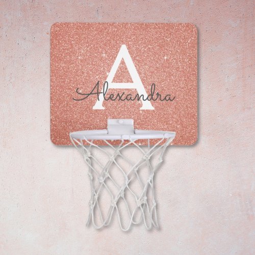 Pink Rose Gold Glitter  Sparkle Monogram Name Mini Basketball Hoop