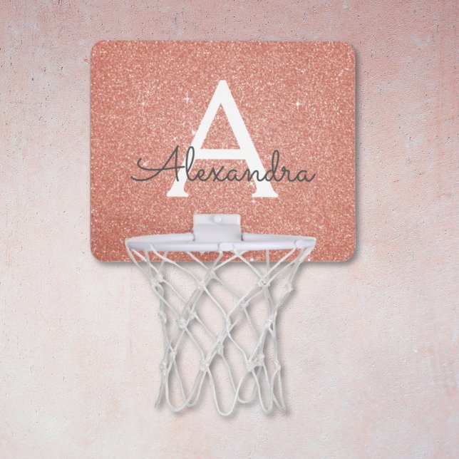 Pink Rose Gold Glitter & Sparkle Monogram Name Mini Basketball Hoop (Creator Uploaded)