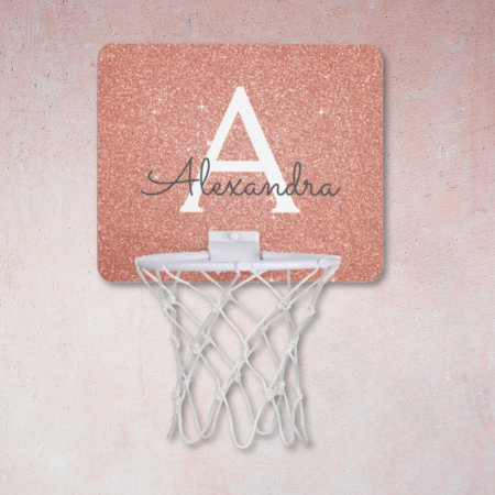 Pink Rose Gold Glitter & Sparkle Monogram Name Mini Basketball Hoo