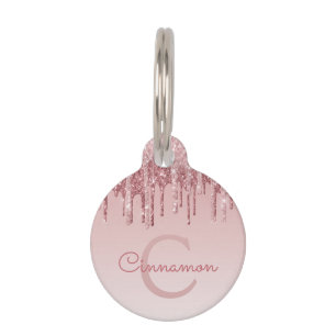 Pink Rose Gold Glitter & Sparkle Monogram Name Pet ID Tag