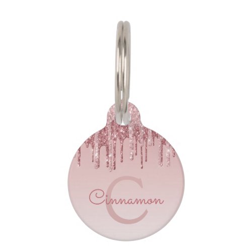 Pink Rose Gold Glitter  Sparkle Monogram Name Pet ID Tag