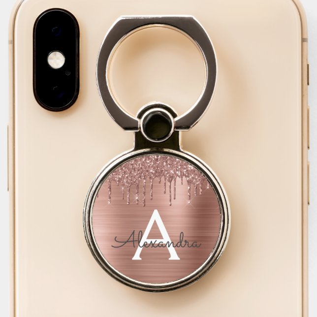 Pink Rose Gold Glitter Sparkle Monogram Phone Ring Stand (Close Up)