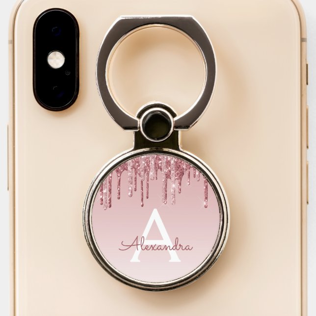 Pink Rose Gold Glitter Sparkle Monogram Phone Ring Stand (Close Up)
