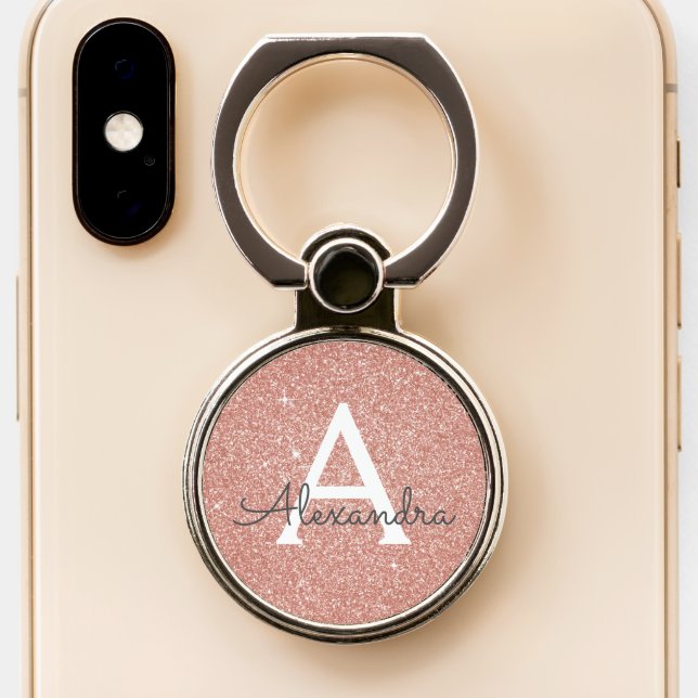 Pink Rose Gold Glitter Sparkle Monogram Phone Ring Stand (Close Up)