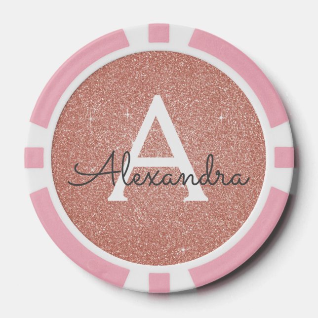 Pink Rose Gold Glitter & Sparkle Monogram Poker Chips (Front)