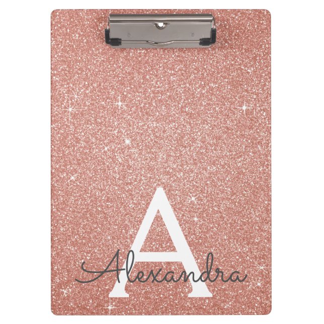 Pink Rose Gold Glitter & Sparkle Monogram School Clipboard (Front)