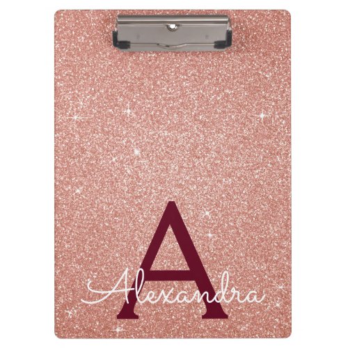 Pink Rose Gold Glitter  Sparkle Monogram School Clipboard