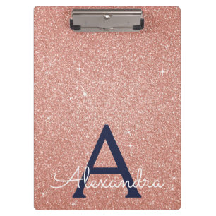 Pink Rose Gold Glitter & Sparkle Monogram School Clipboard