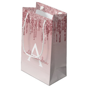 Pink Rose Gold Glitter & Sparkle Monogram Small Gift Bag