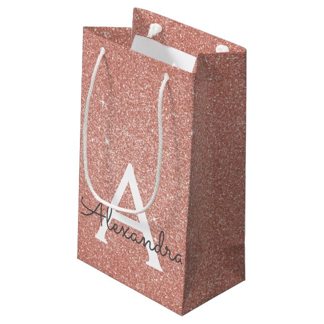 Pink Rose Gold Glitter & Sparkle Monogram Small Gift Bag (Back Angled)