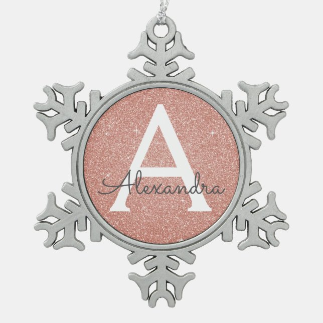 Pink Rose Gold Glitter & Sparkle Monogram Snowflake Pewter Christmas Ornament (Front)