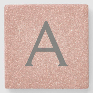 Pink Rose Gold Glitter & Sparkle Monogram Stone Coaster