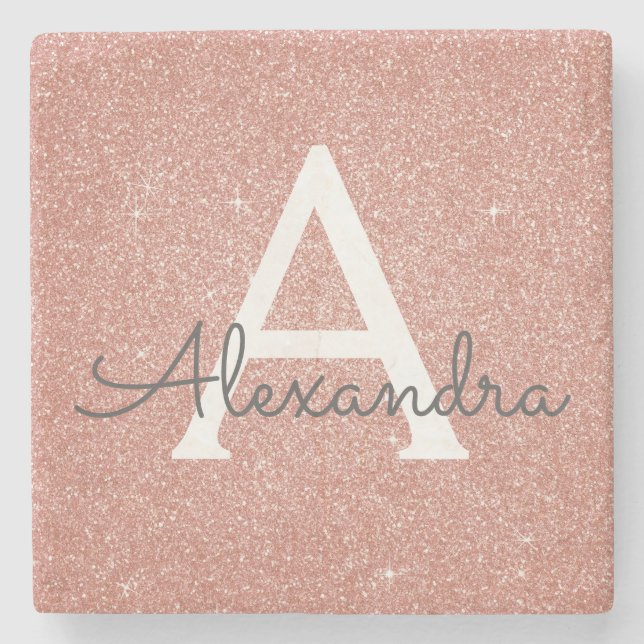 Pink Rose Gold Glitter & Sparkle Monogram Stone Coaster (Front)