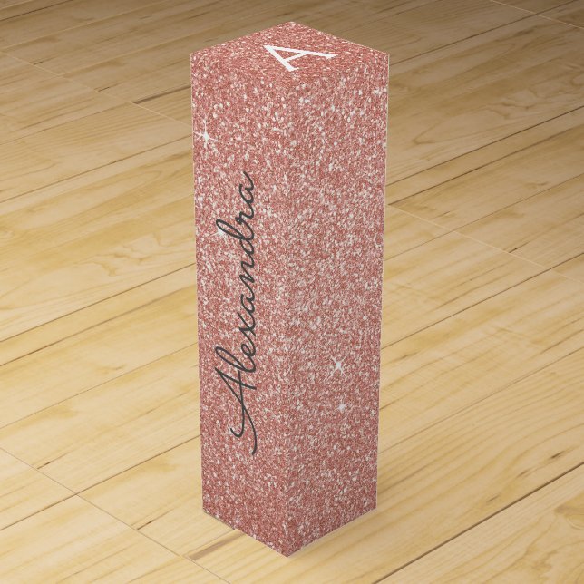 Pink Rose Gold Glitter & Sparkle Monogram Wine Box (Front)